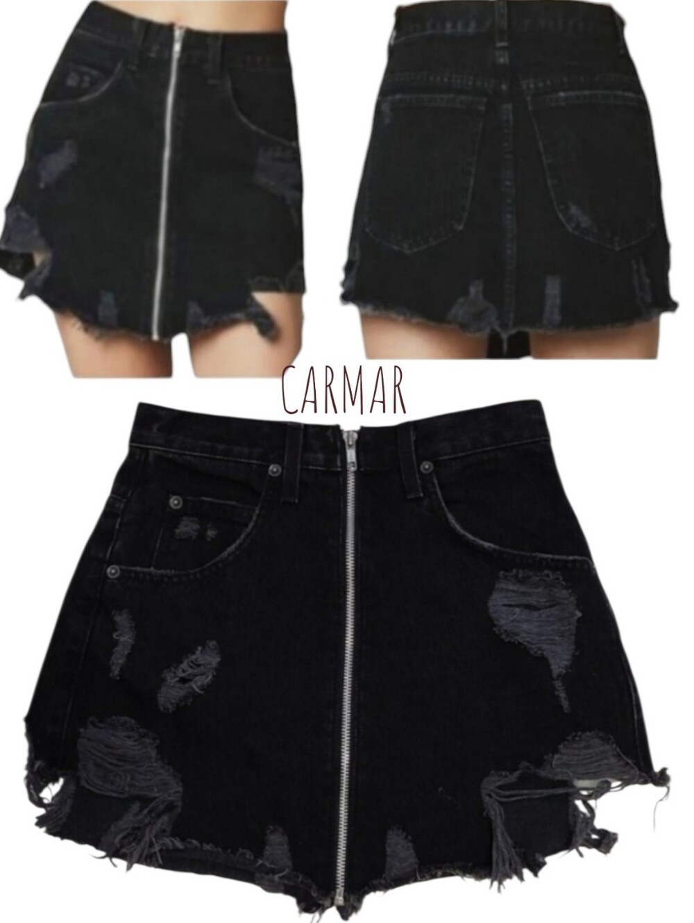 CARMAR Women S Beatrice Black denim Jean Skirt destroyed front zip mini D562311